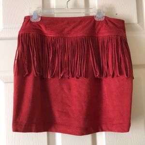 Red fringe fitted suede skirt